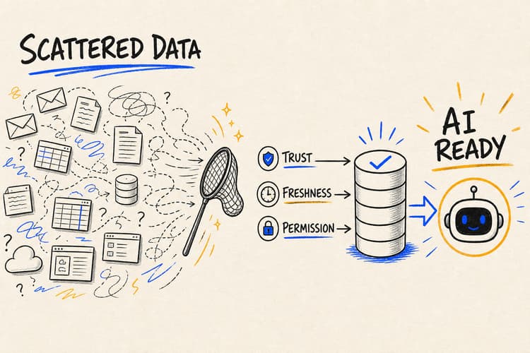 Hand-drawn disconnected documents and business systems organized into a clean, searchable and permission-aware data layer.