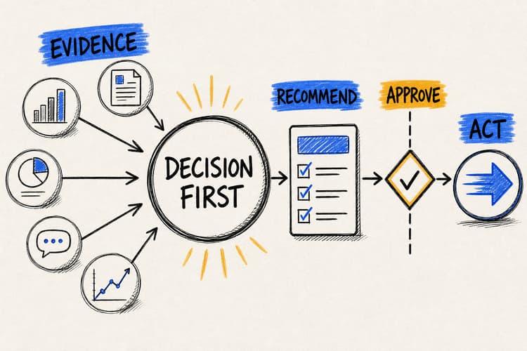 Hand-drawn business decision at the center while an AI agent gathers evidence and prepares a recommendation around it.