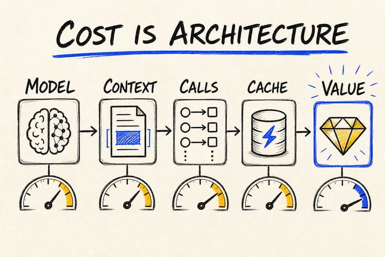 Hand-drawn AI architecture diagram with cost meters attached to model calls, context, storage, retries and review.