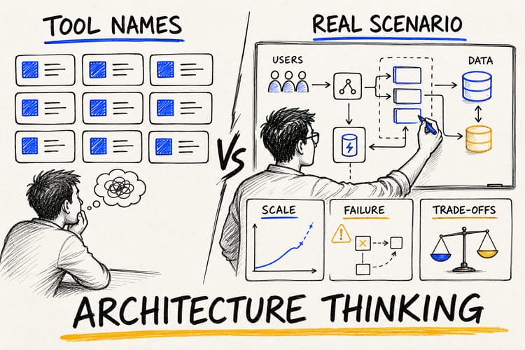 Hand-drawn AI candidate solving a real architecture scenario on a whiteboard instead of listing tool logos.