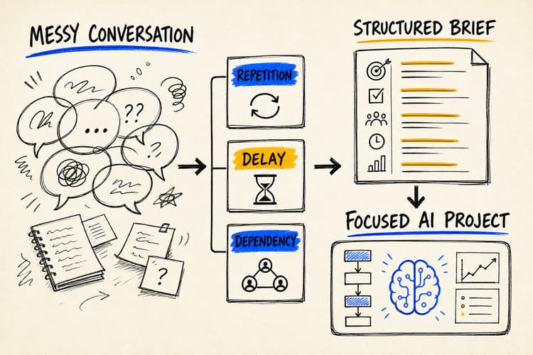 Hand-drawn diagram showing a messy client conversation becoming a structured brief and focused AI project through signals of repetition, delay and dependency.
