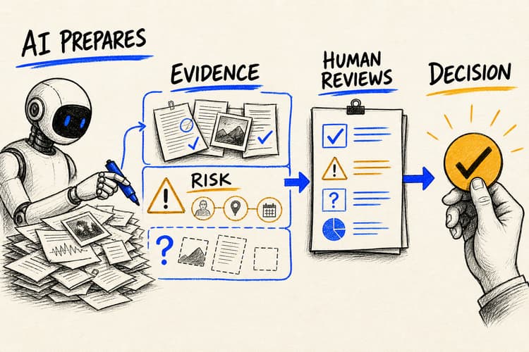 Hand-drawn AI system organizing evidence and highlighting risks while a human makes the final decision.