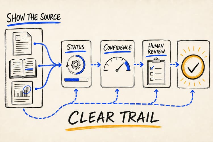 Hand-drawn AI output connected to source evidence, processing status, confidence and human approval history.
