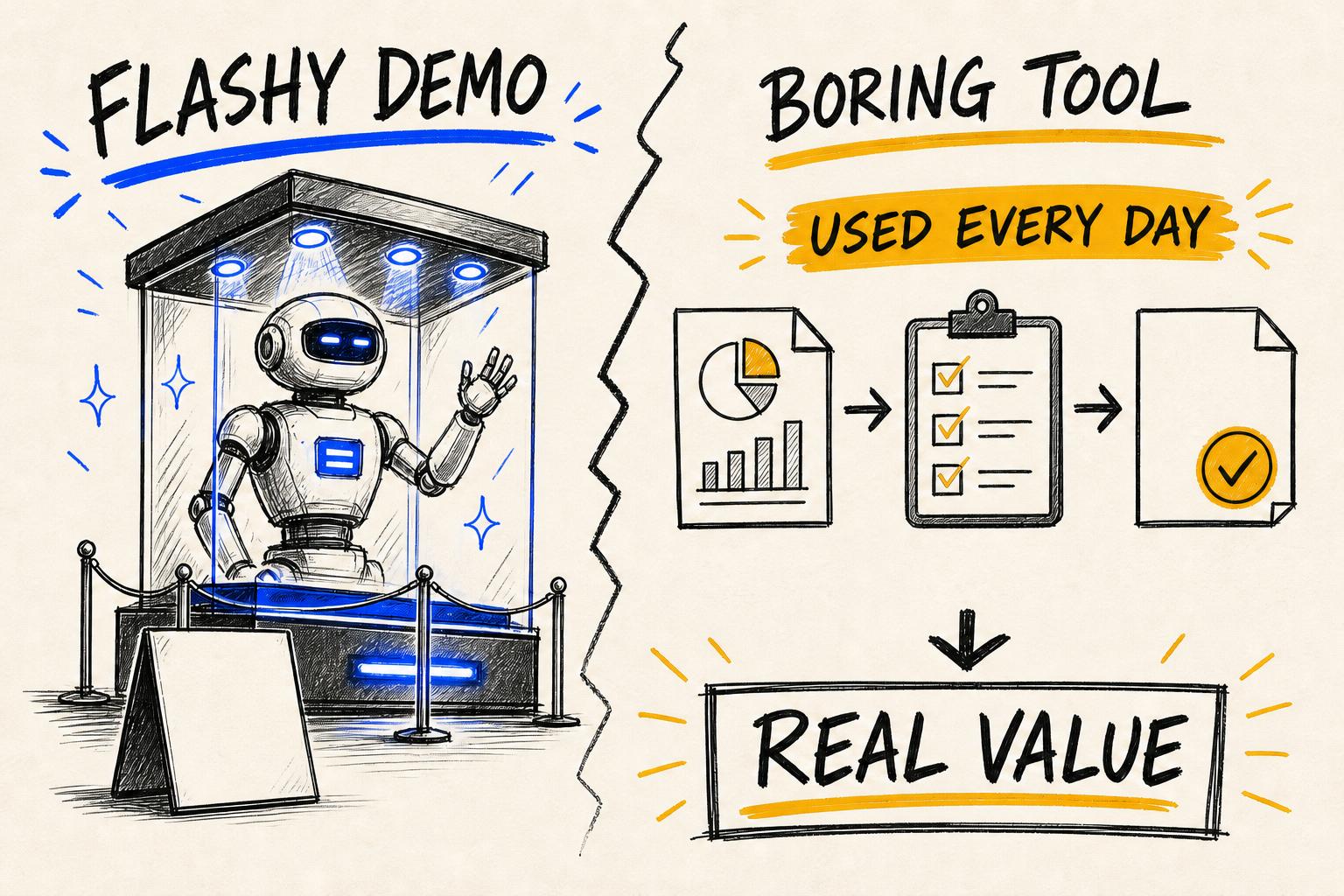 Hand-drawn simple operational AI workflow creating measurable value beside a flashy but unused demonstration.