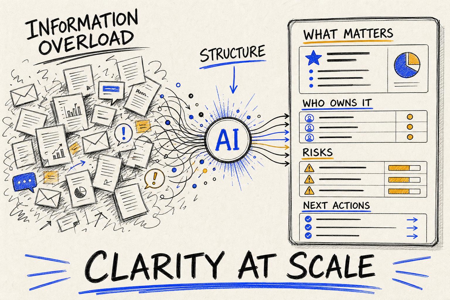 Hand-drawn large volume of scattered business information becoming a clear, grounded decision dashboard through AI.