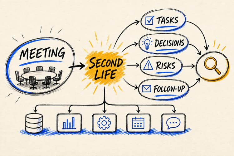 Hand-drawn meeting branching into tasks, decisions, documents, follow-ups, risk alerts and searchable knowledge.