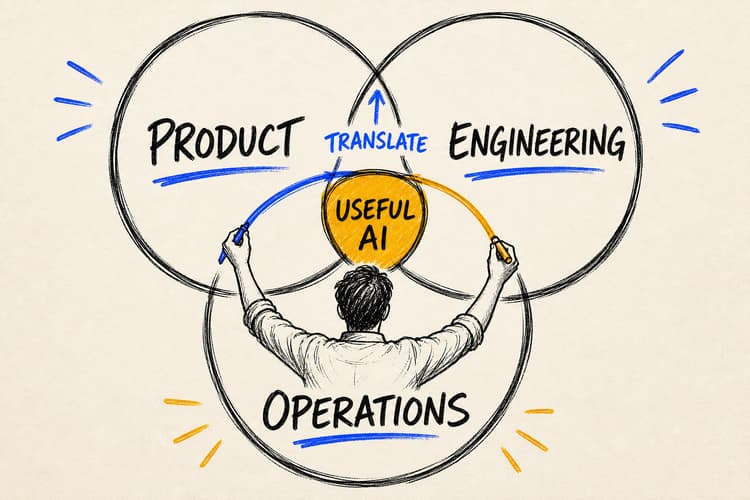 Hand-drawn person connecting product strategy, engineering architecture and business operations into one AI delivery workflow.