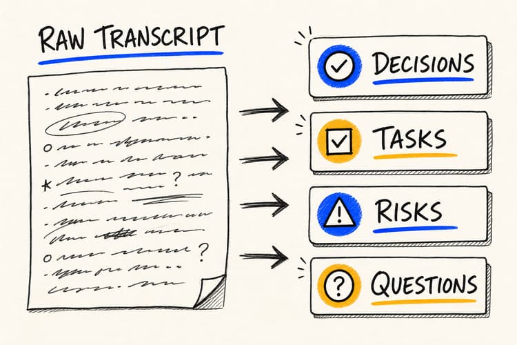 Hand-drawn meeting transcript transformed into structured decisions, requirements, tasks and risks.
