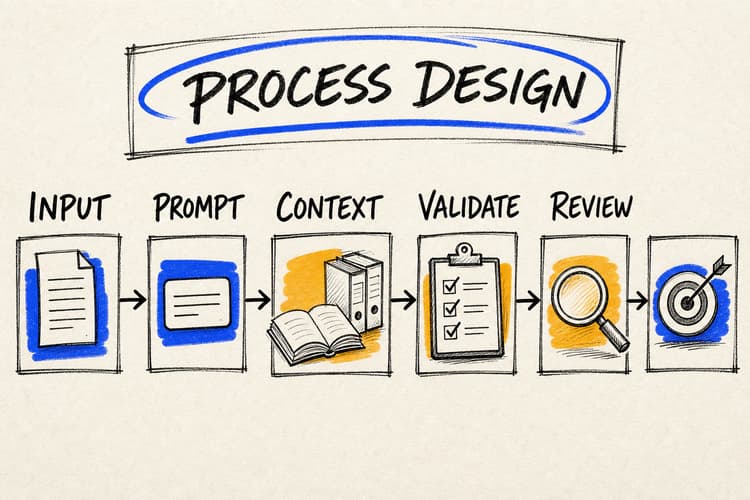 Hand-drawn prompt shown as one small component inside a larger AI workflow of inputs, context, validation, review and action.