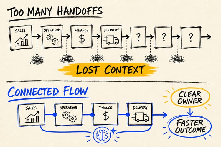 Hand-drawn long chain of business-team handoffs shortened into one connected AI-assisted workflow.