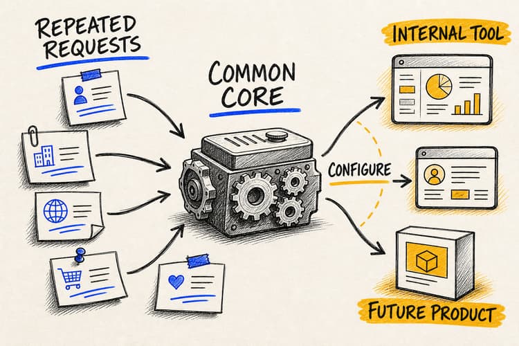 Hand-drawn multiple similar client requests merging into one reusable, configurable AI product.