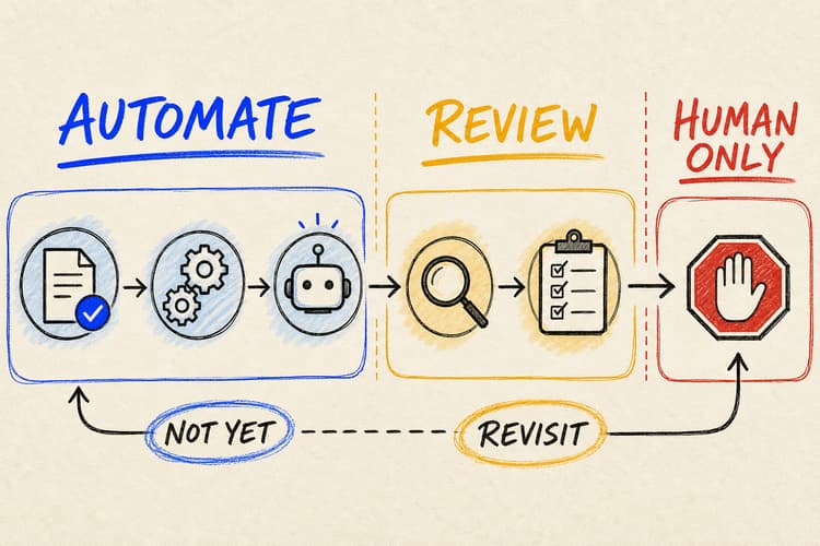 Hand-drawn workflow divided into green automation zones, amber human-review zones and red human-only zones.