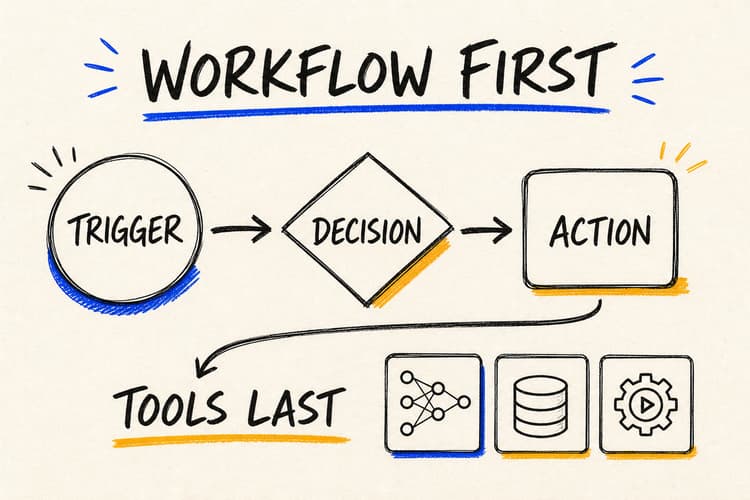 Hand-drawn workflow blueprint appearing before AI models, databases and automation tools are selected.