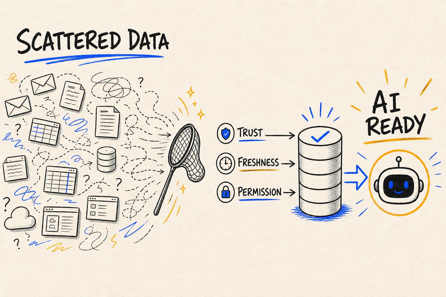 Hand-drawn disconnected documents and business systems organized into a clean, searchable and permission-aware data layer.