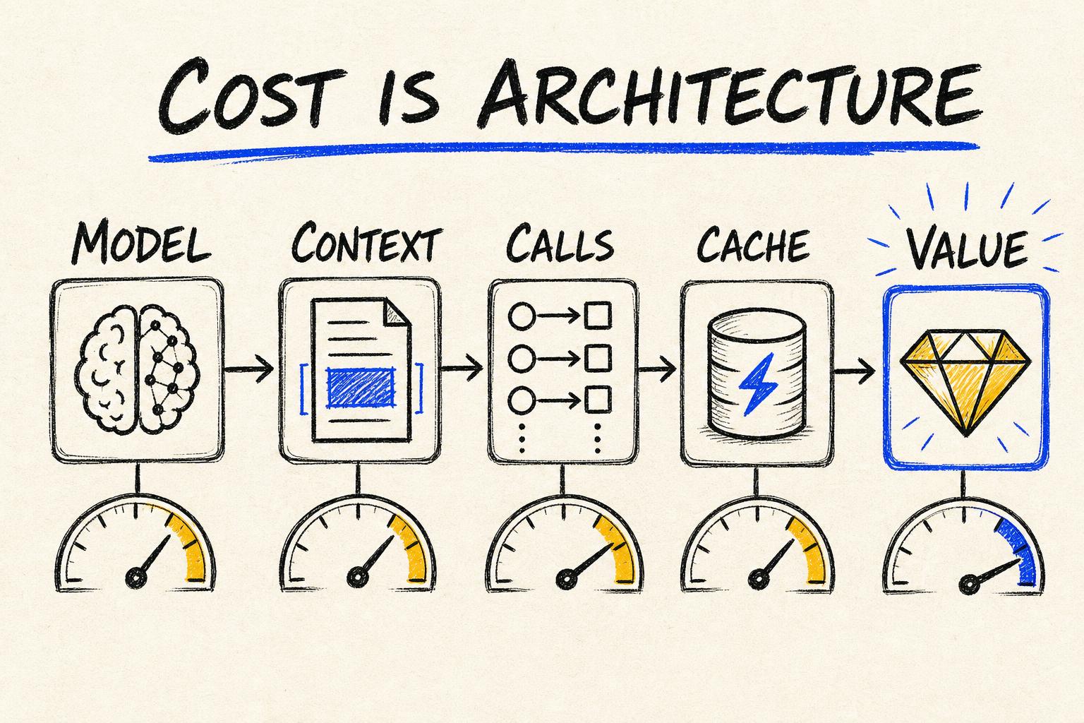Hand-drawn AI architecture diagram with cost meters attached to model calls, context, storage, retries and review.
