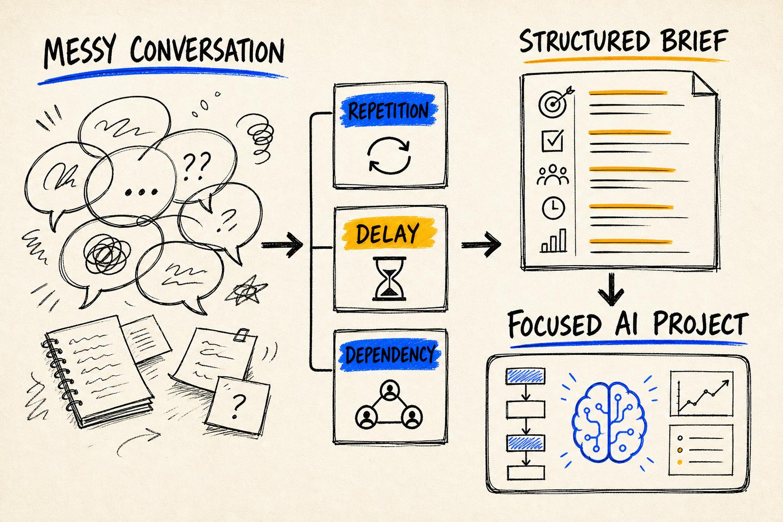 Hand-drawn diagram showing a messy client conversation becoming a structured brief and focused AI project through signals of repetition, delay and dependency.