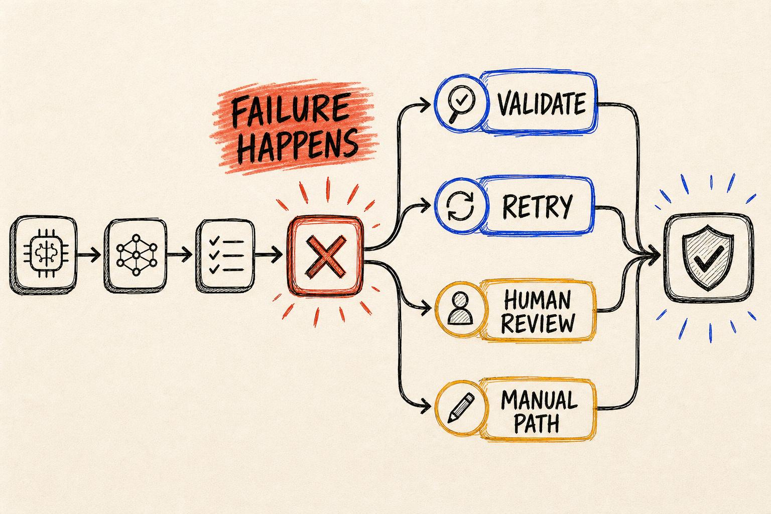 Hand-drawn AI workflow branching into retry, validation, human review and manual completion paths.
