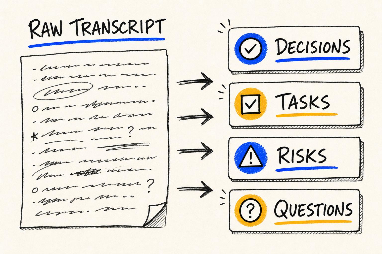 Hand-drawn meeting transcript transformed into structured decisions, requirements, tasks and risks.