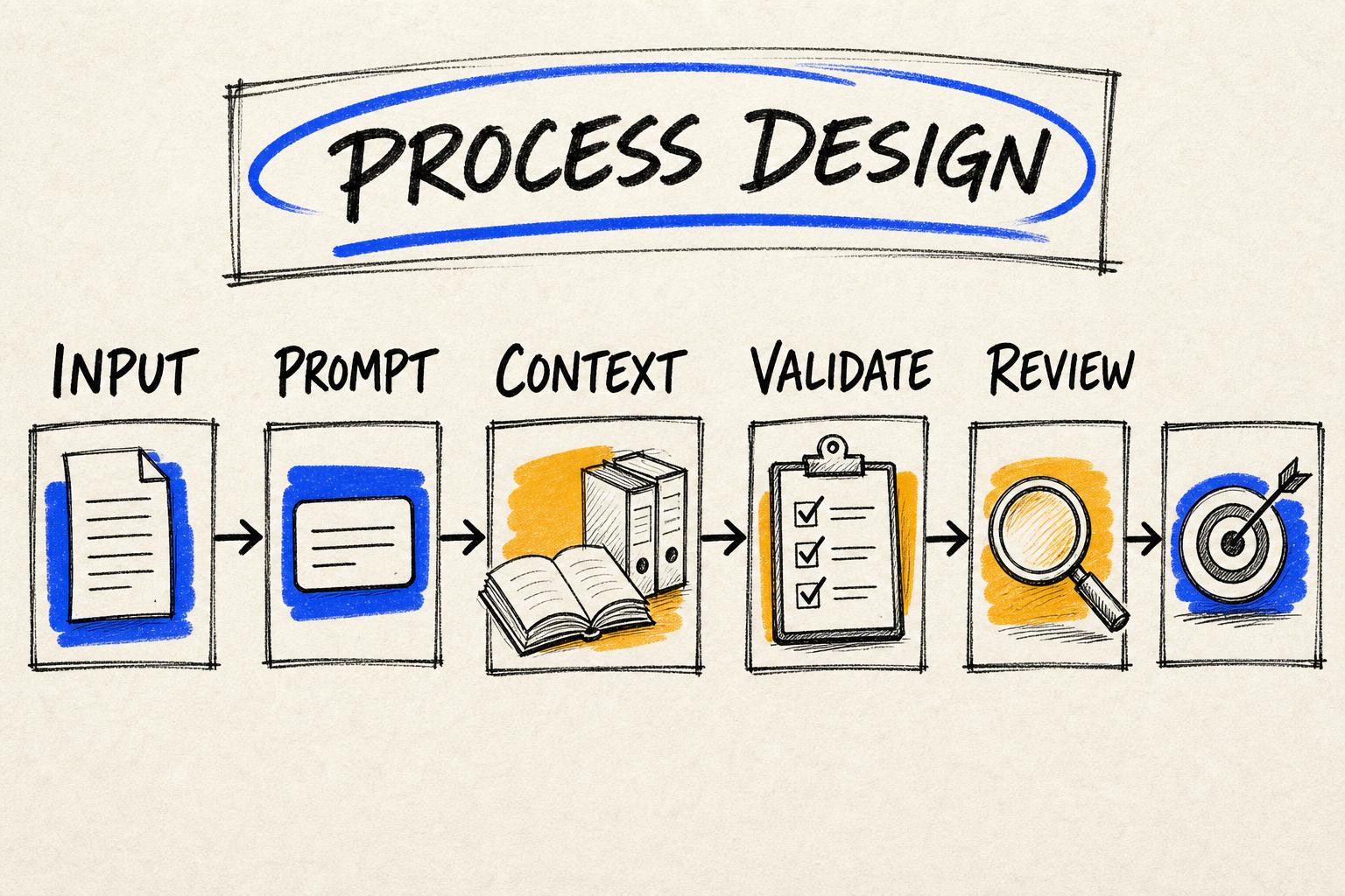 Hand-drawn prompt shown as one small component inside a larger AI workflow of inputs, context, validation, review and action.