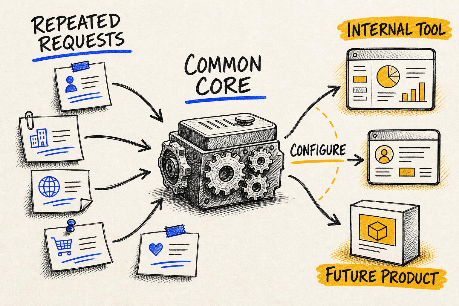 Hand-drawn multiple similar client requests merging into one reusable, configurable AI product.
