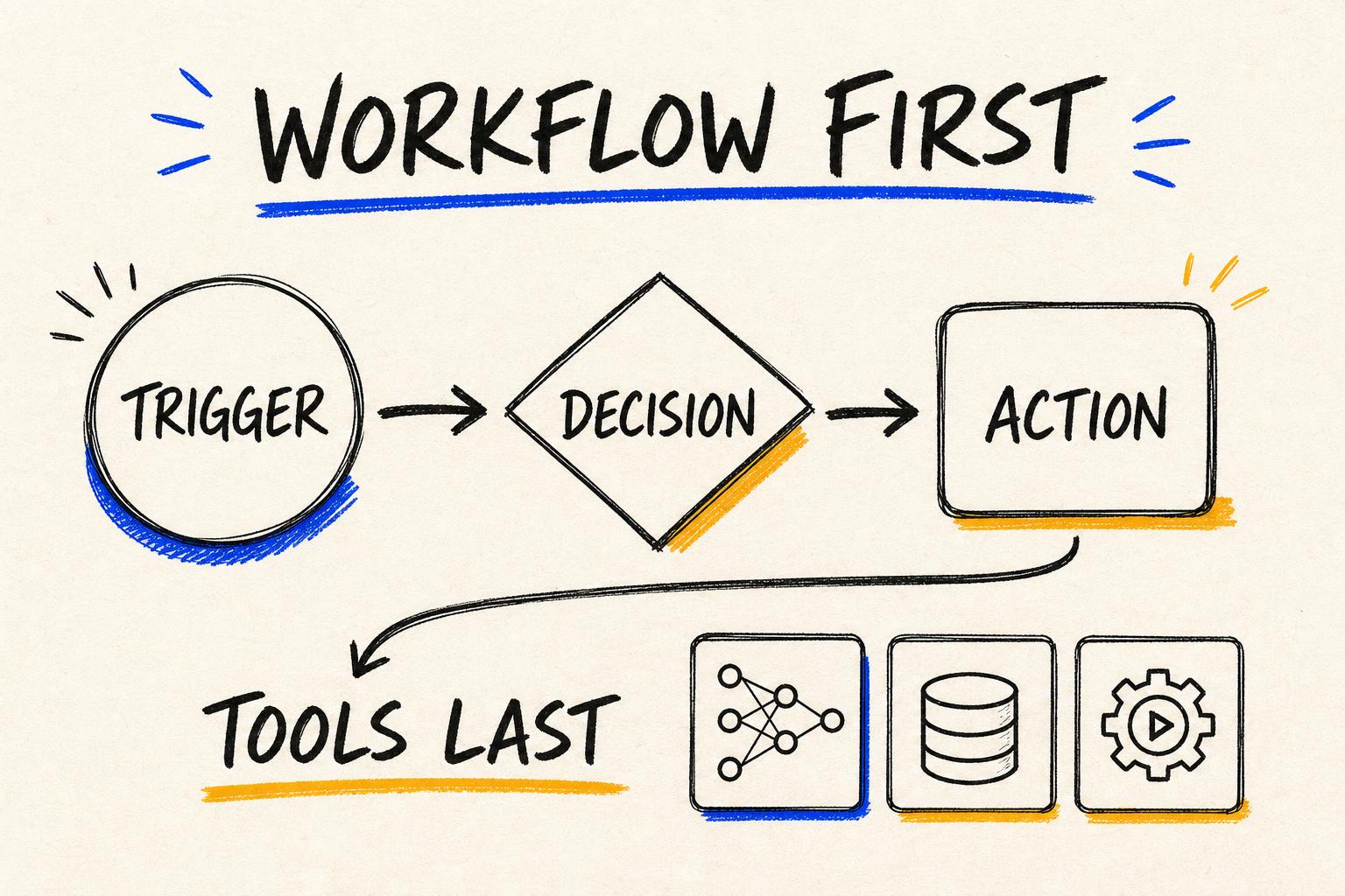 Hand-drawn workflow blueprint appearing before AI models, databases and automation tools are selected.